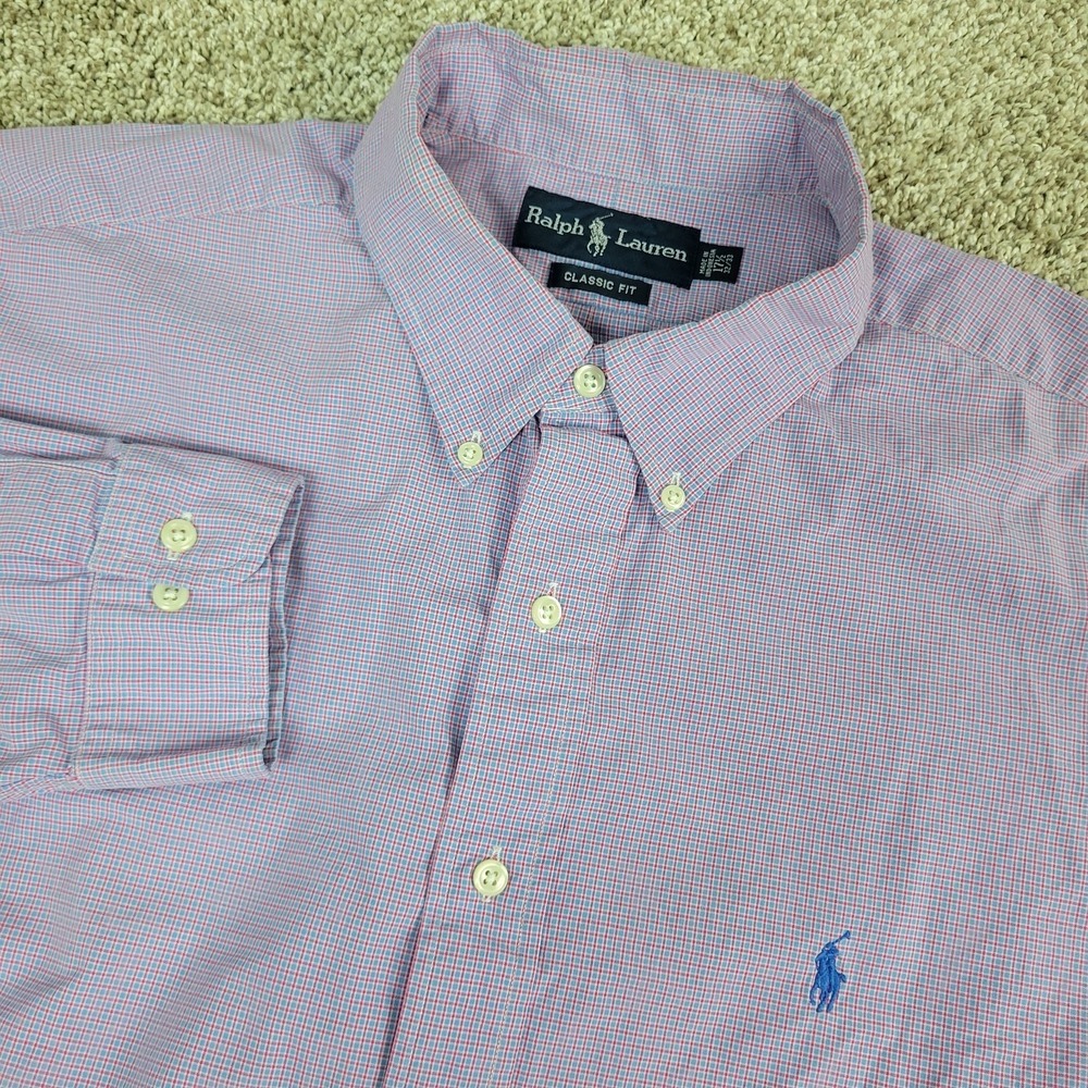 Ralph Lauren Classic Fit Mens 17.5-32/33 Blue Red Check Pony Button Down Long Sl